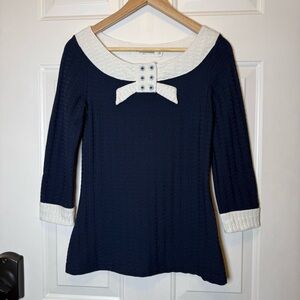 Anthropologie Pilcro Navy Blue Ribbed
Knit Top Shirt Sweater Sailor Bow Sz S